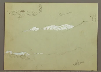 Troupeau de moutons et berger, chaînes de montagnes enneigées